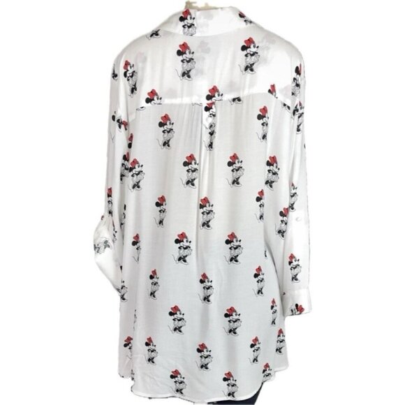 Disney +4 White Split Neck Minnie Mouse Graphic Button Collar 3/4 Sleeve Shirt - Picture 4 of 6